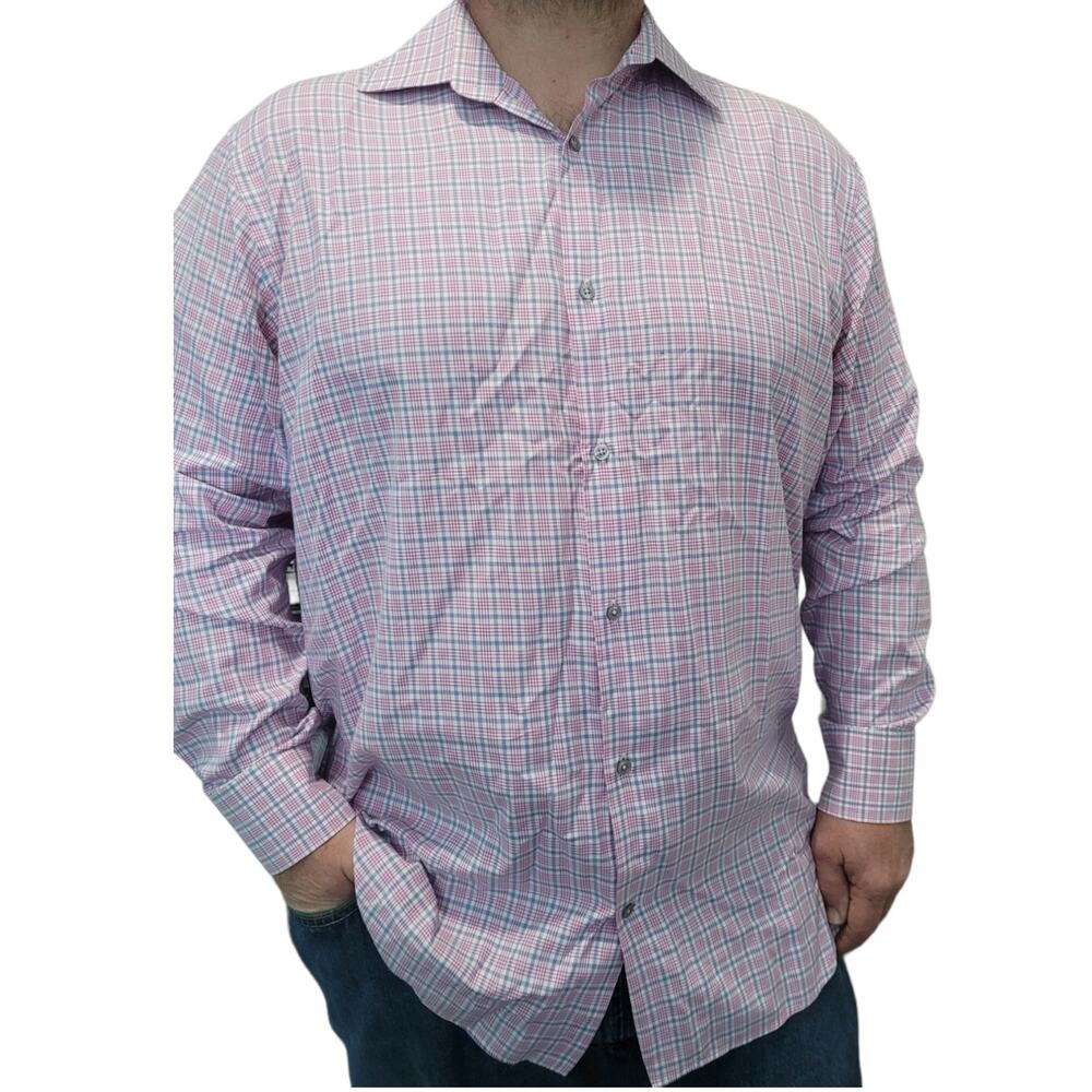 Saks Fifth Ave pink blue plaid cotton dress shirt 175L business classic preppy